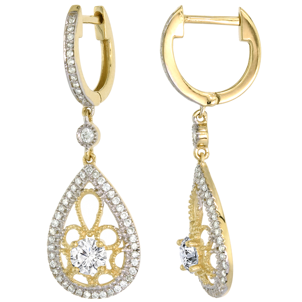 GENUINE 14K YELLOW GOLD TEARDROP EARRINGS 3.5MM ROUND WITH 0.47 CTTW DIAMONDS 0.33 CT/PAIR3/4 INCH LONG