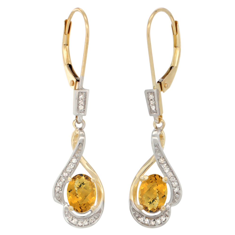 14K YELLOW GOLD DIAMOND NATURAL TURQUOISE LEVERBACK EARRINGS OVAL 7X5 MM, 1 7/16 INCH LONG