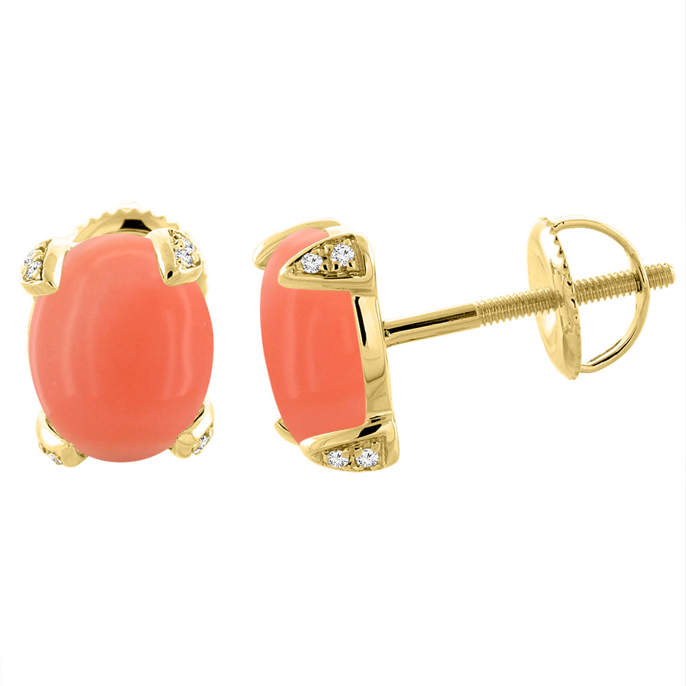 14K YELLOW GOLD NATURAL CORAL SCREW BACK EARRINGS OVAL 9X7 MM WITH DIAMOND ACCENTS