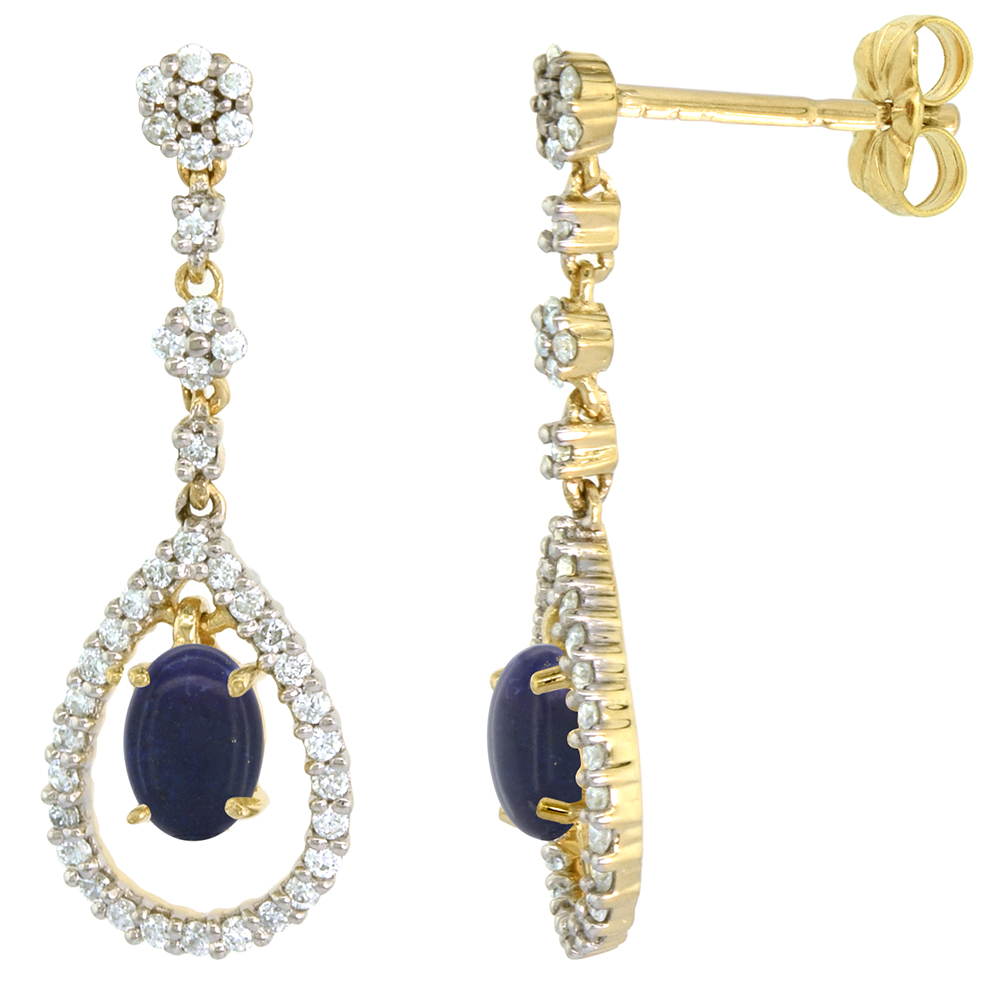 14K GOLD DIAMOND GENUINE LAPIS LAZULI DANGLE EARRINGS TEARDROP 6X4 OVAL 1 INCH LONG