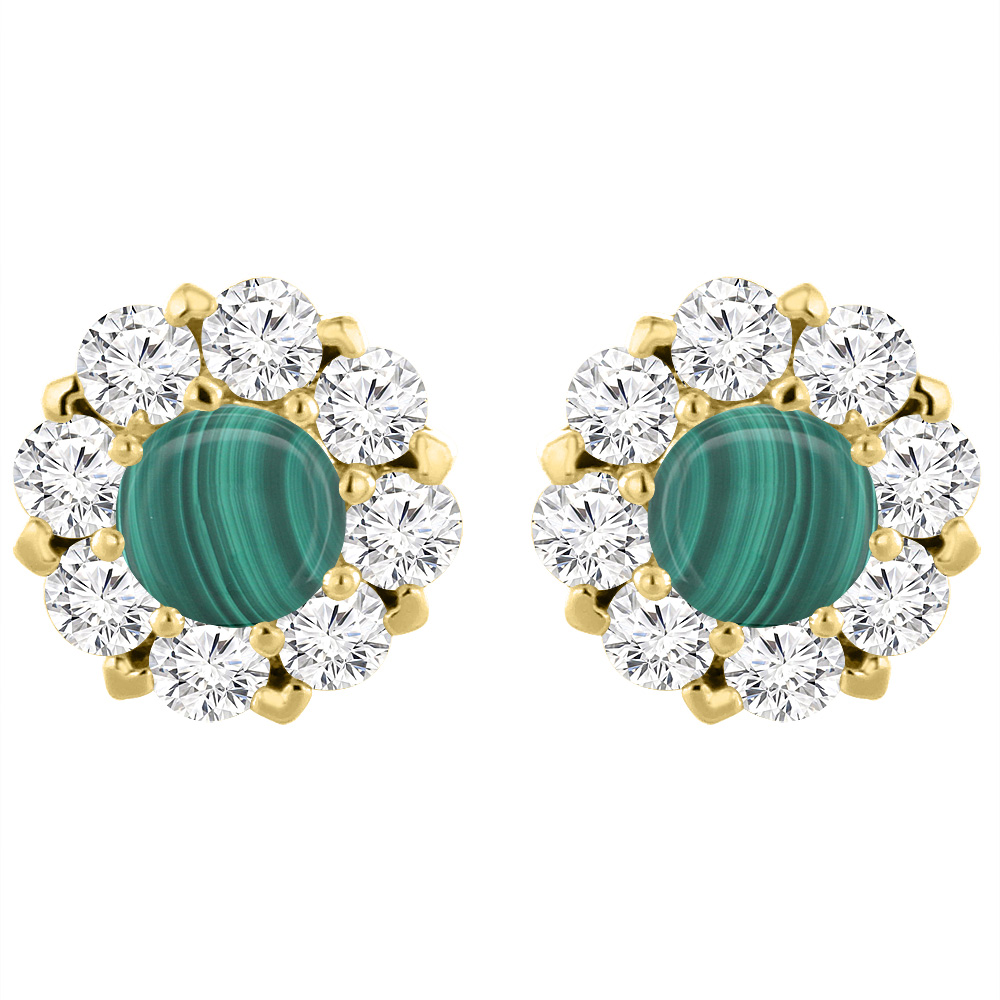 14K YELLOW GOLD NATURAL MALACHITE EARRINGS WITH DIAMOND HALO ROUND 6 MM