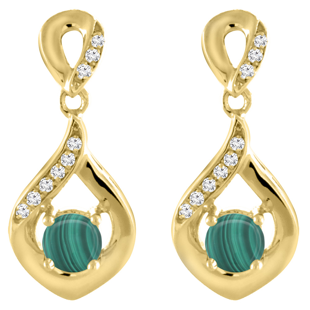 14K YELLOW GOLD NATURAL MALACHITE EARRINGS WITH DIAMOND ACCENTS ROUND 4 MM