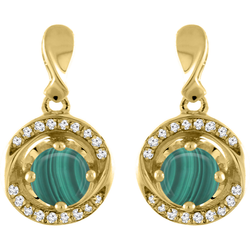 14K Yellow Gold Natural Malachite Earrings with Diamond Accents Round 4 mm