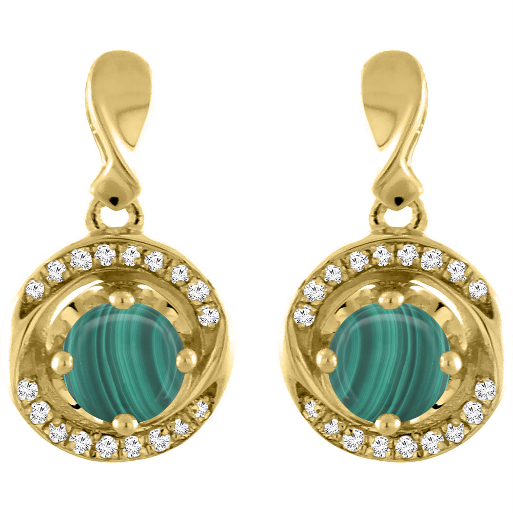 14K Yellow Gold Natural Malachite Earrings with Diamond Accents Round 4 mm