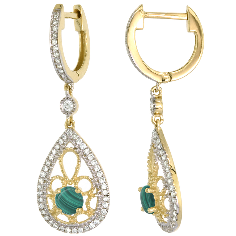 14K YELLOW GOLD NATURAL MALACHITE TEARDROP EARRINGS 3.5MM ROUND WITH 0.47 CTTW DIAMONDS 3/4 INCH LONG