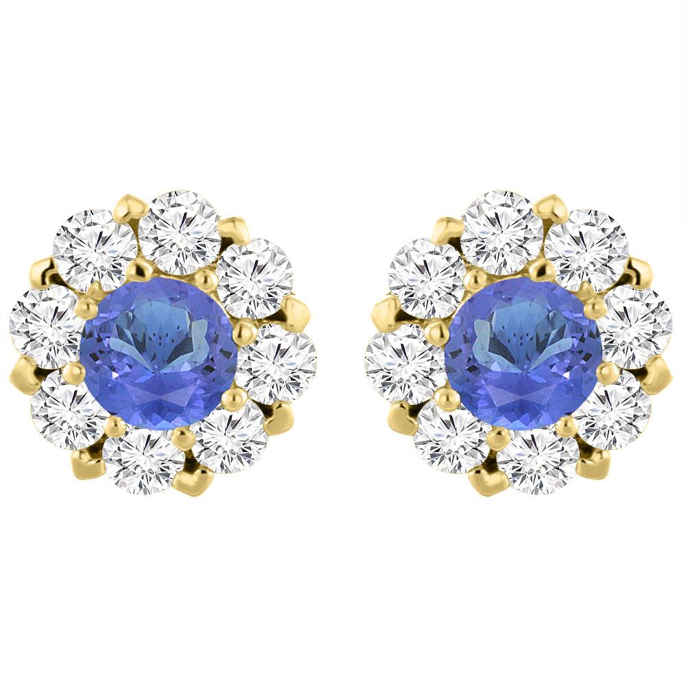14K YELLOW GOLD NATURAL TANZANITE EARRINGS WITH DIAMOND HALO ROUND 6 MM