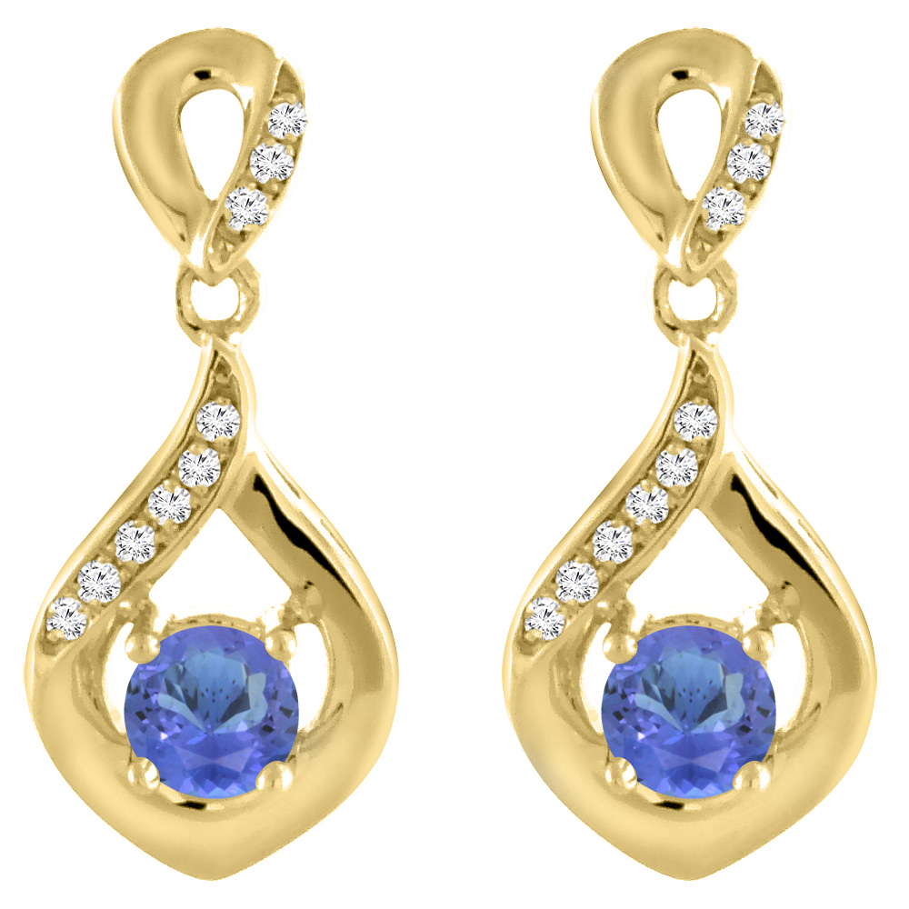 14K Yellow Gold Natural Tanzanite Earrings with Diamond Accents Round 4 mm