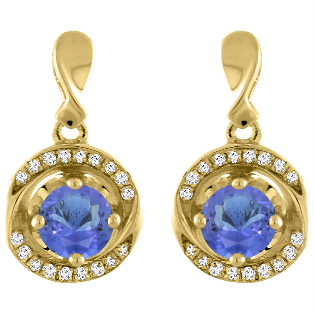 14K Yellow Gold Natural Tanzanite Earrings with Diamond Accents Round 4 mm