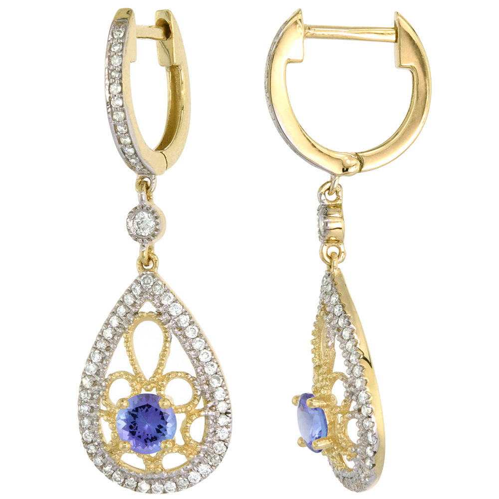 14K YELLOW GOLD NATURAL TANZANITE TEARDROP EARRINGS 3.5MM ROUND WITH 0.47 CTTW DIAMONDS 3/4 INCH LONG