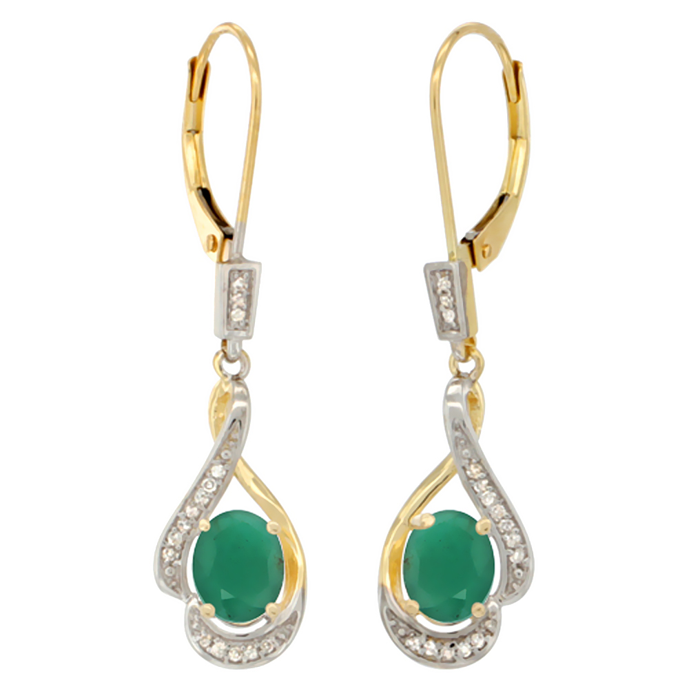 14K WHITE GOLD DIAMOND NATURAL CABOCHON EMERALD LEVERBACK EARRINGS OVAL 7X5MM 1 7/16 INCH LONG