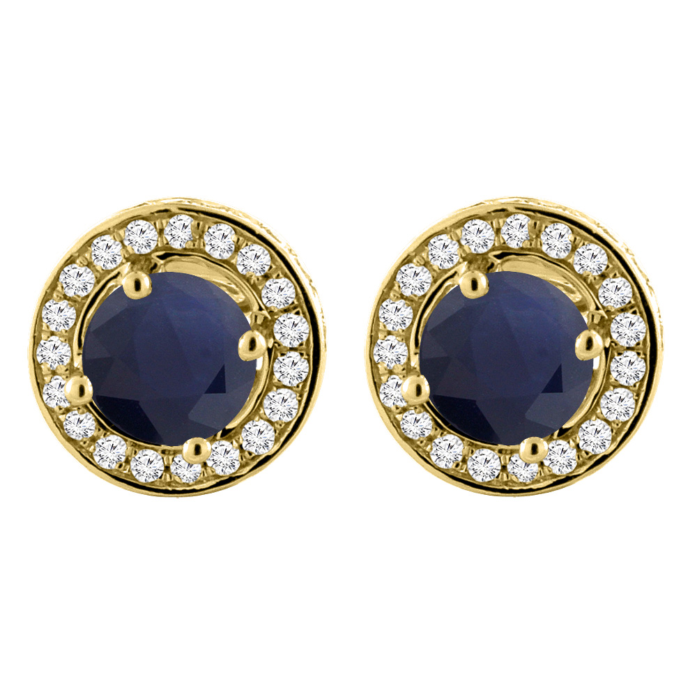 14K YELLOW GOLD DIAMOND HALO NATURAL QUALITY BLUE SAPPHIRE EARRINGS ROUND 5 MM
