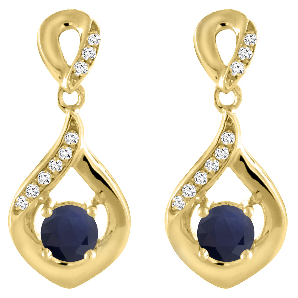 14K YELLOW GOLD DIAMOND HALO NATURAL QUALITY BLUE SAPPHIRE EARRINGS ROUND 4 MM