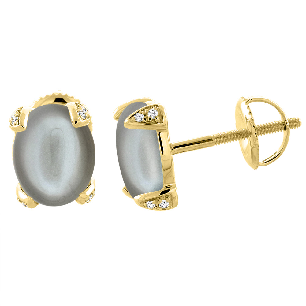 14K YELLOW GOLD NATURAL GRAY MOONSTONE SCREW BACK EARRINGS OVAL 9X7 MM WITH DIAMOND ACCENTS