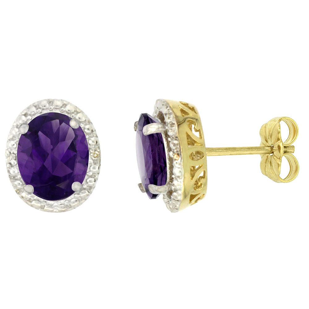 10K YELLOW GOLD 0.01 CTTW DIAMOND NATURAL AMETHYST POST EARRINGS OVAL 7X5 MM