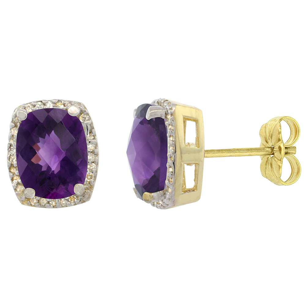 10K Yellow Gold 0.29 cttw Diamond Natural Amethyst Earrings Octagon Cushion 8x6 mm