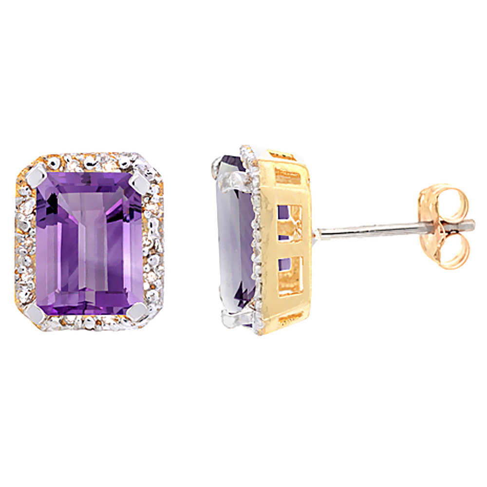 10K Yellow Gold Diamond Natural Amethyst Earrings Octagon 8x6 mm