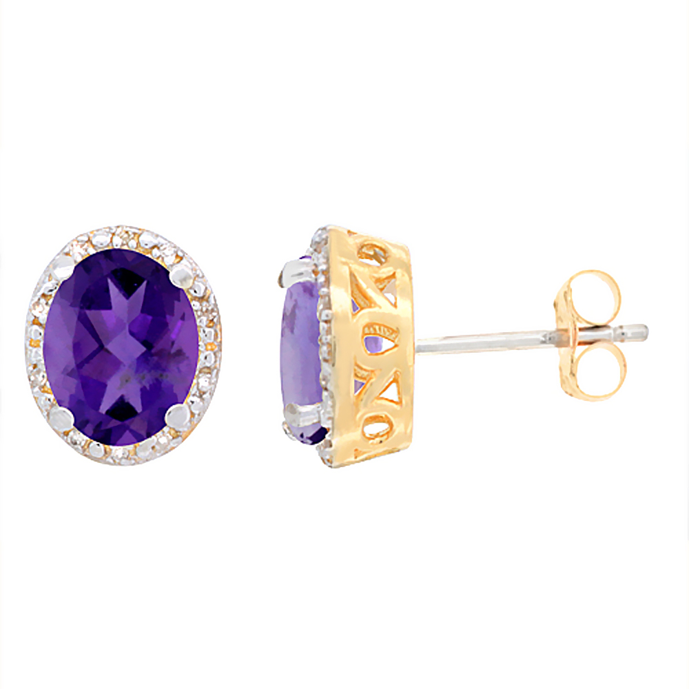 10K Yellow Gold Genuine Amethyst Stud Earrings Diamond Halo Oval 8x6 mm