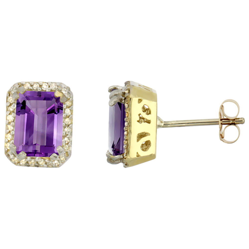 10K Yellow Gold Diamond Natural Amethyst Earrings Octagon 7x5 mm