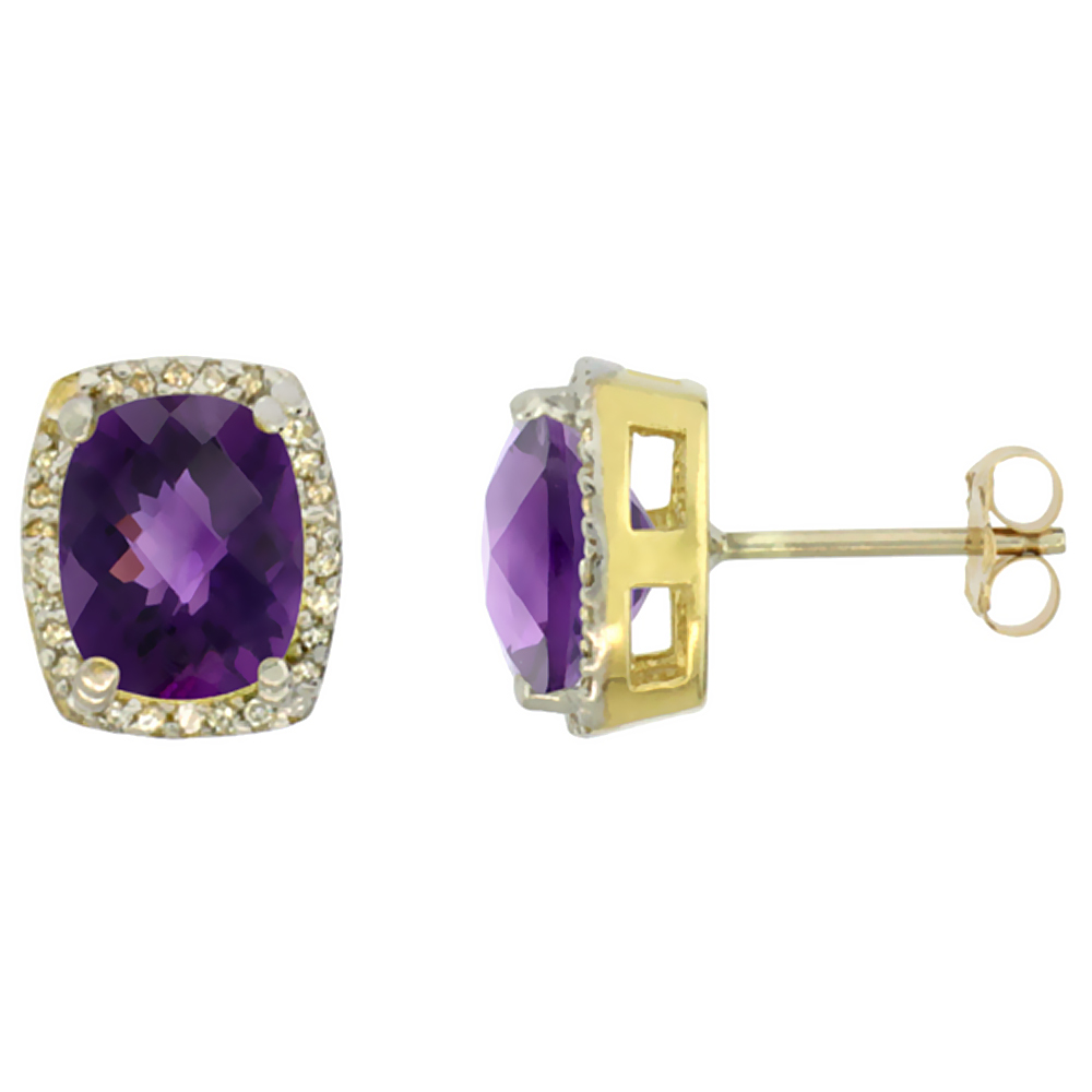 10K Yellow Gold Diamond Natural Amethyst Earrings Octagon Cushion 8x6 mm