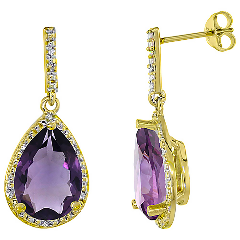 10K Yellow Gold Diamond Halo Natural Amethyst Dangle Earrings Pear Shaped 12x8 mm