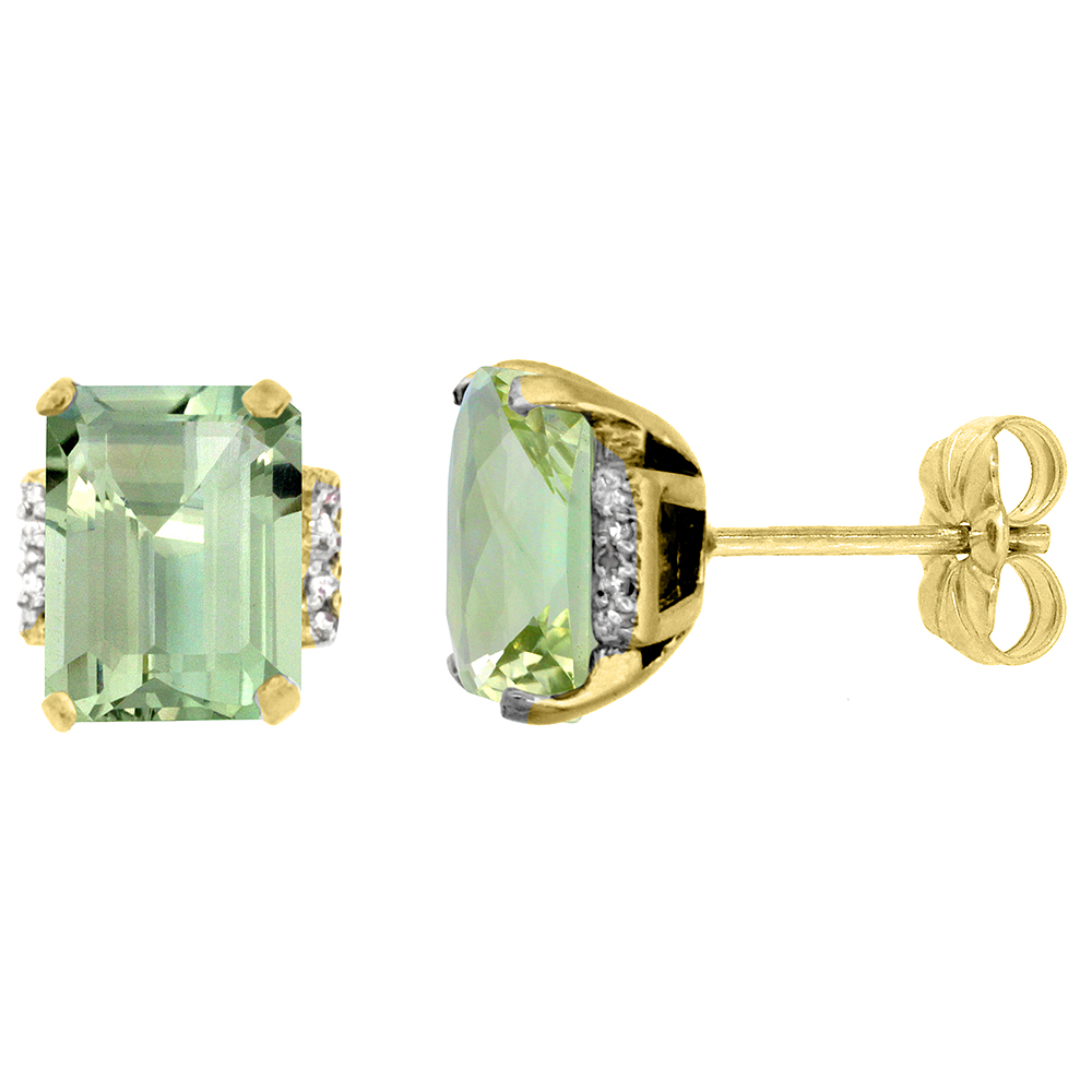 10K YELLOW GOLD 0.02 CTTW DIAMOND NATURAL GREEN AMETHYST EARRINGS OCTAGON 8X6 MM