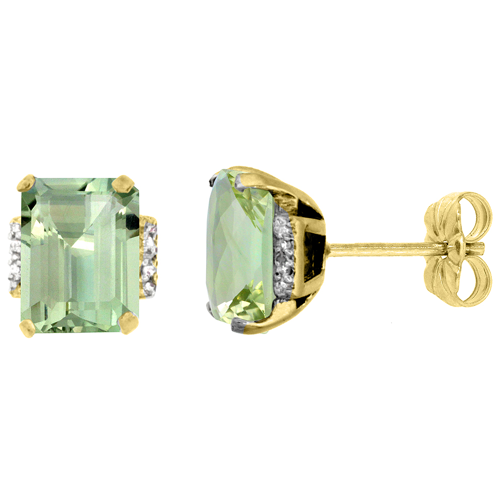 10K Yellow Gold 0.02 cttw Diamond Natural Green Amethyst Earrings Octagon 8x6 mm