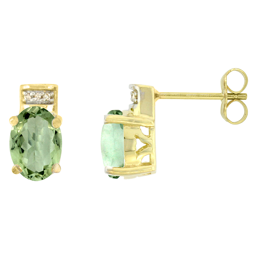 10K Yellow Gold Diamond Natural Green Amethyst Earrings Oval 8x6 mm