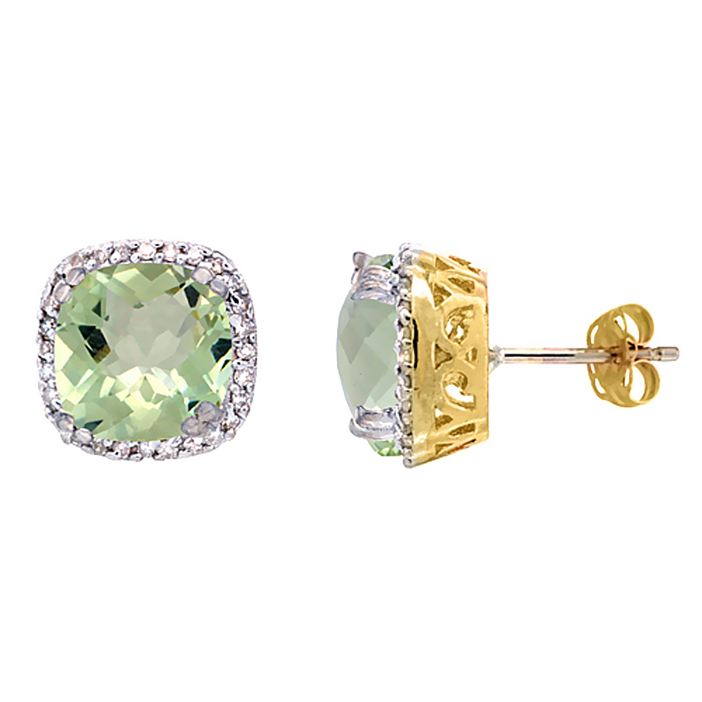 10k Yellow Gold Diamond Halo Natural Green Amethyst Stud Earrings Cushion Shaped 7x7 mm