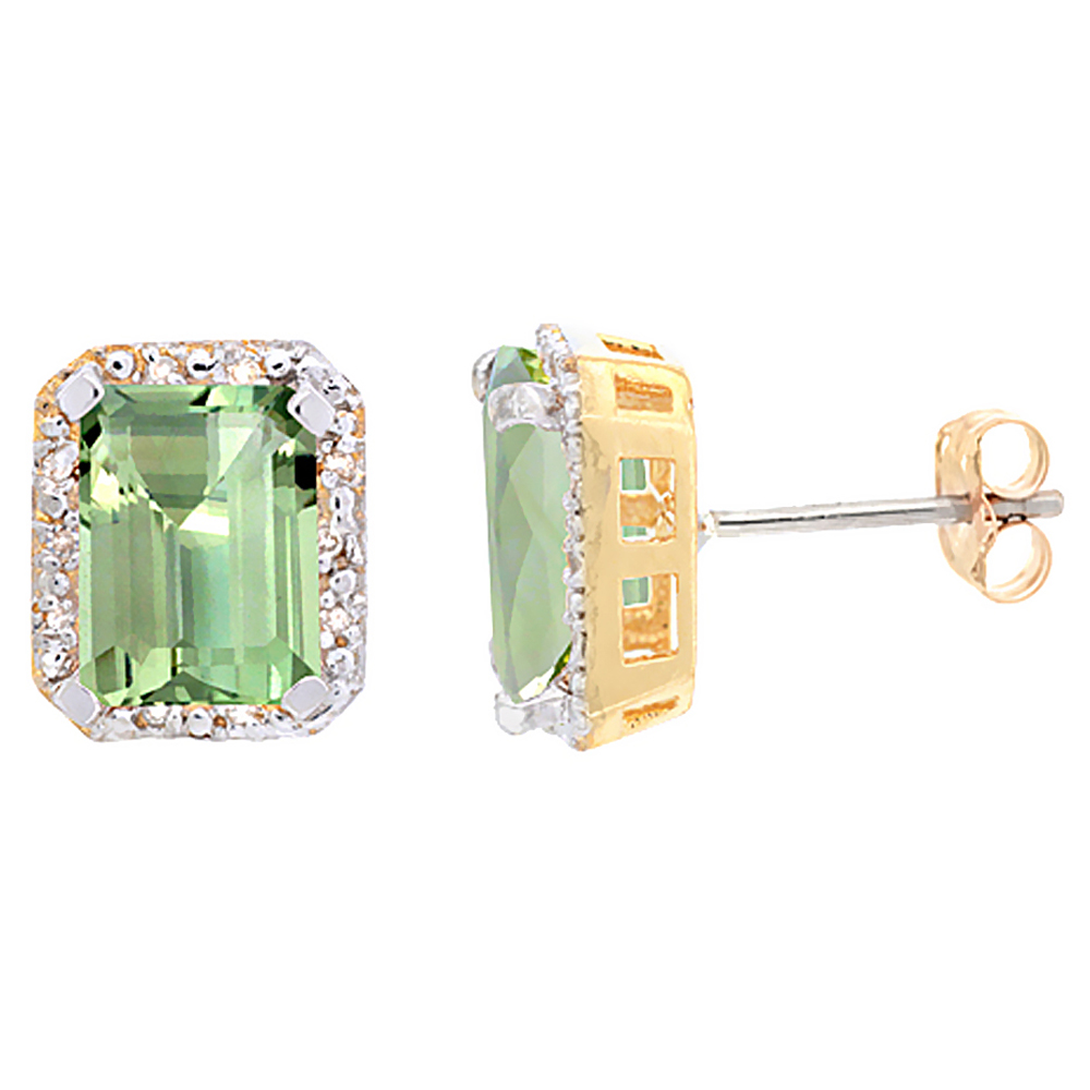 10K Yellow Gold Diamond Natural Green Amethyst Earrings Octagon 8x6 mm