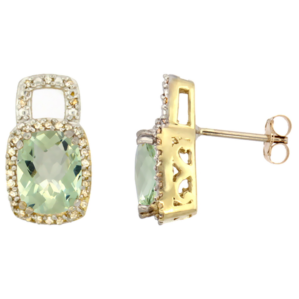 10K Yellow Gold Diamond Natural Green Amethyst Earrings Octagon Cushion 8x6 mm
