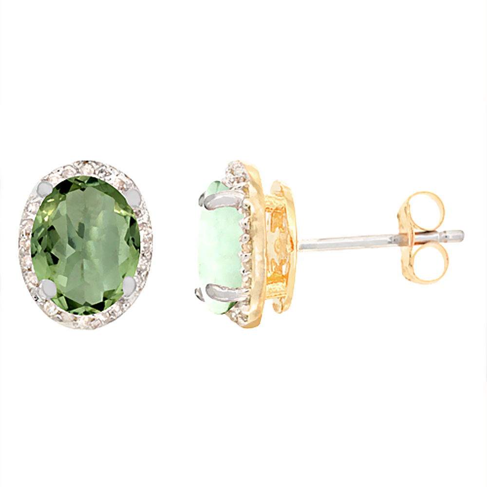 10K YELLOW GOLD DIAMOND NATURAL GREEN AMETHYST EARRINGS OVAL 7X5 MM