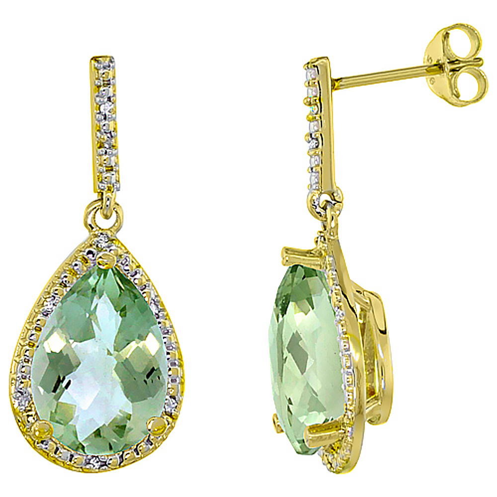 10K Yellow Gold Diamond Halo Natural Green Amethyst Dangle Earrings Pear Shaped 12x8 mm