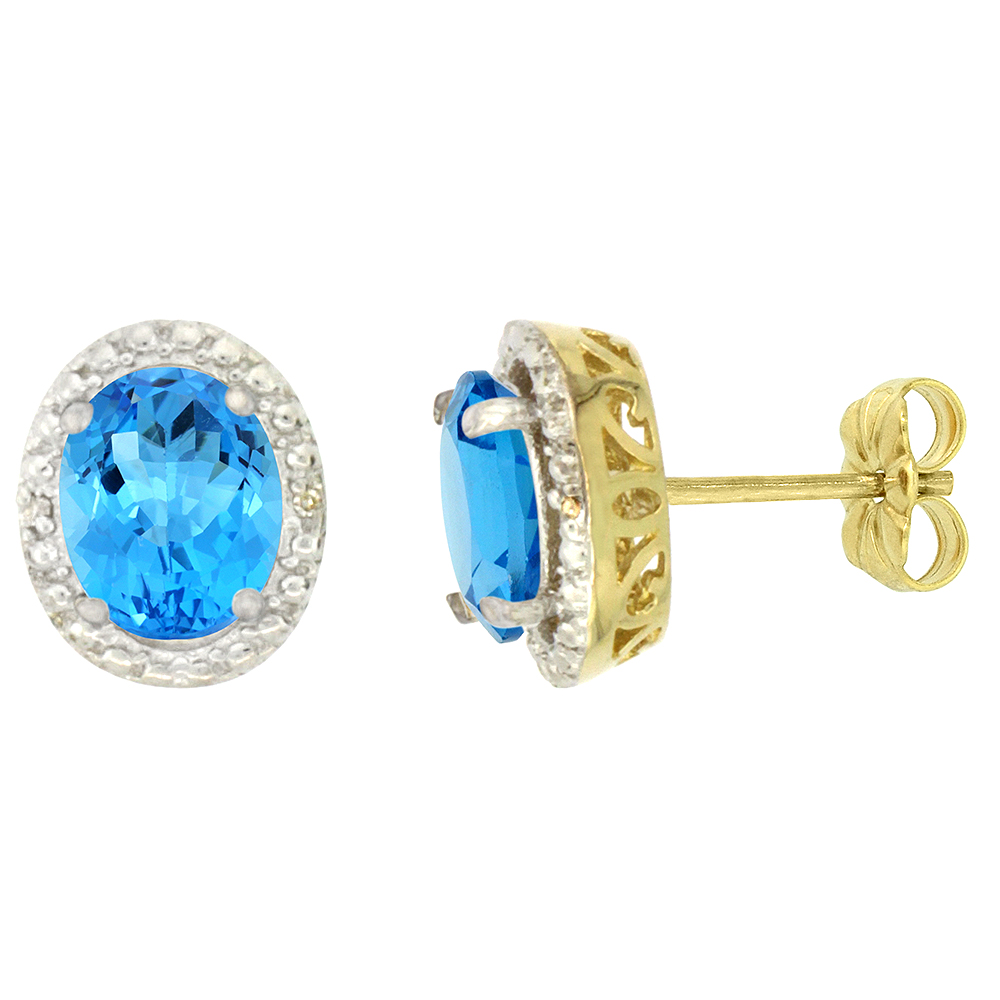 10K YELLOW GOLD 0.01 CTTW DIAMOND NATURAL SWISS BLUE TOPAZ POST EARRINGS OVAL 7X5 MM