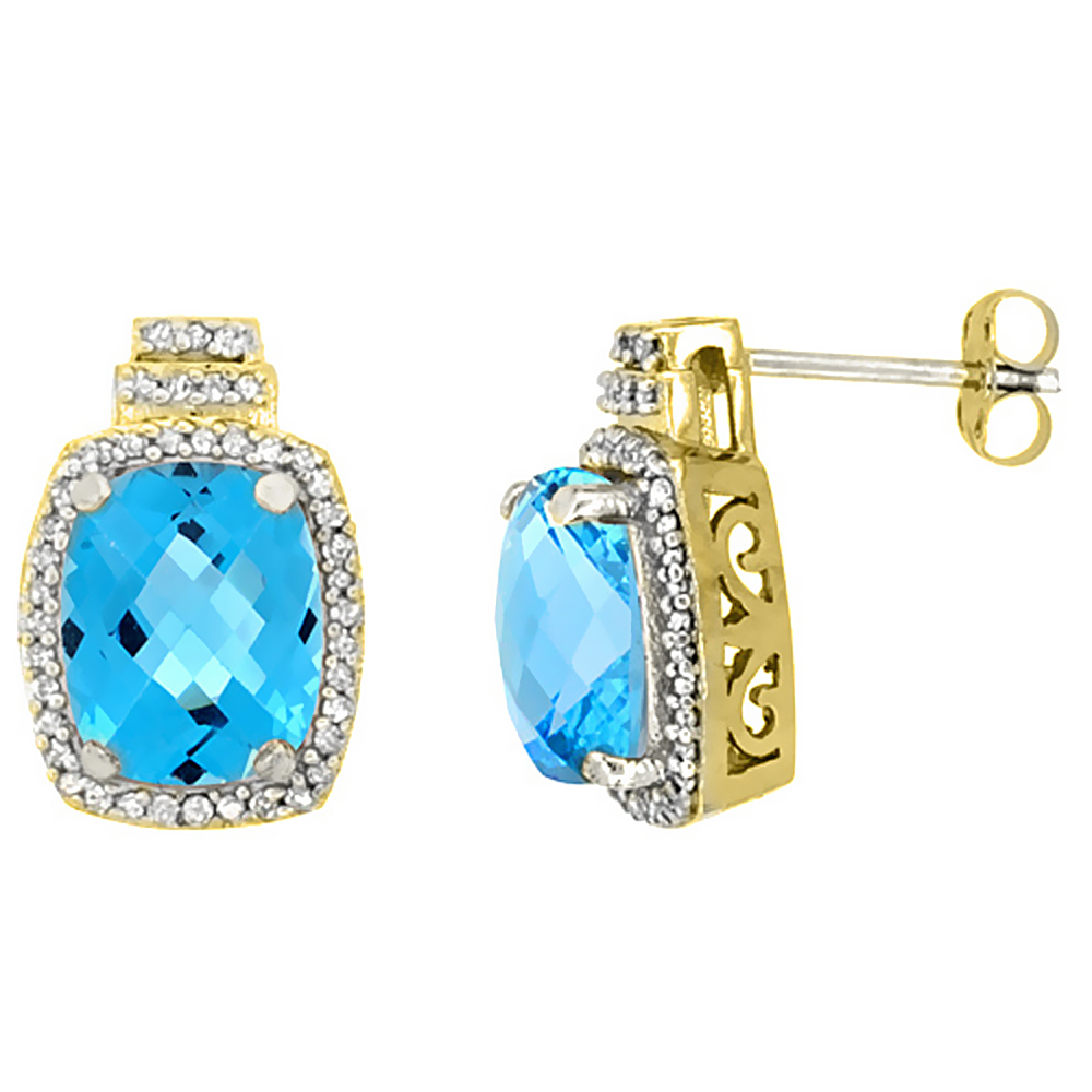 10K Yellow Gold 0.29 cttw Diamond Natural Swiss Blue Topaz Earrings Octagon Cushion 8x6 mm