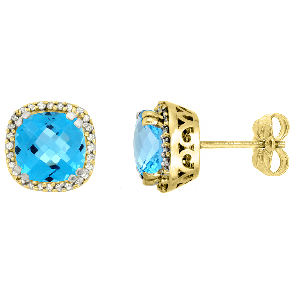 10k Yellow Gold Diamond Halo Natural Swiss Blue Topaz Stud Earrings Cushion Shaped 7x7 mm