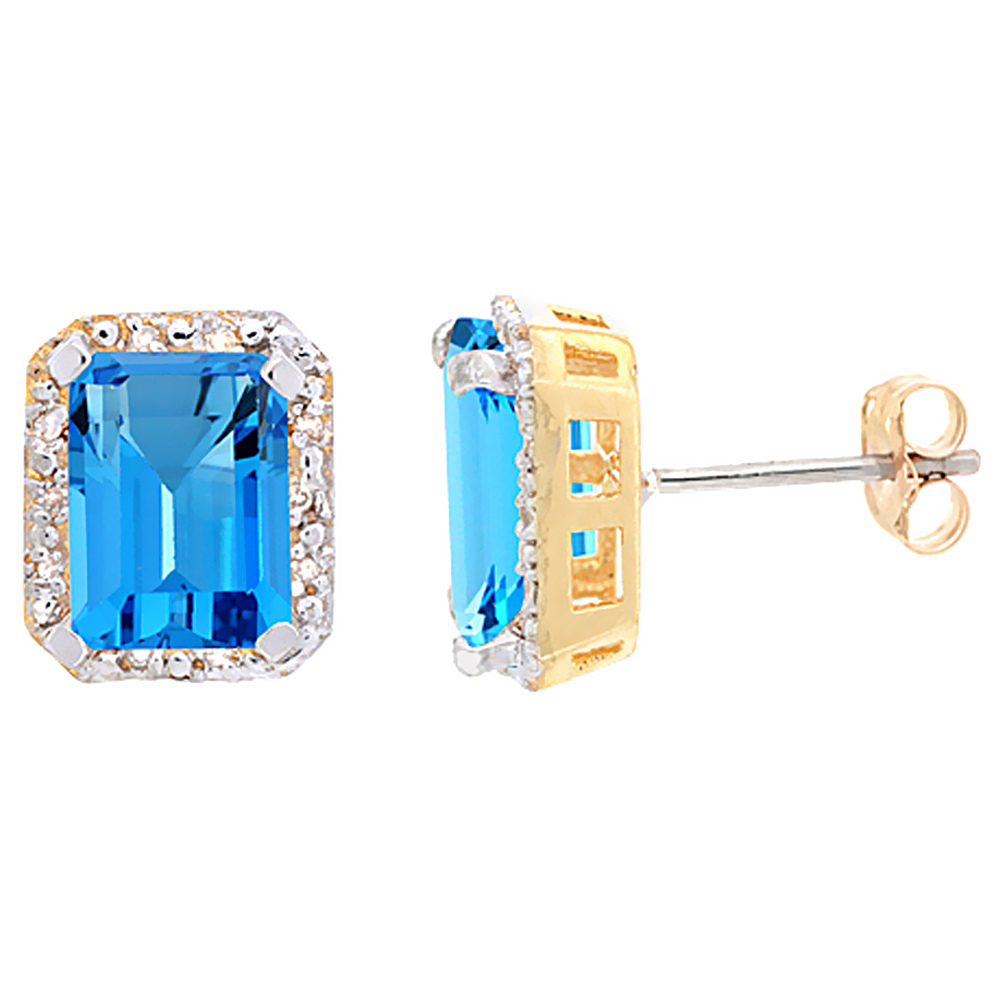 10K Yellow Gold Diamond Natural Swiss Blue Topaz Earrings Octagon 8x6 mm