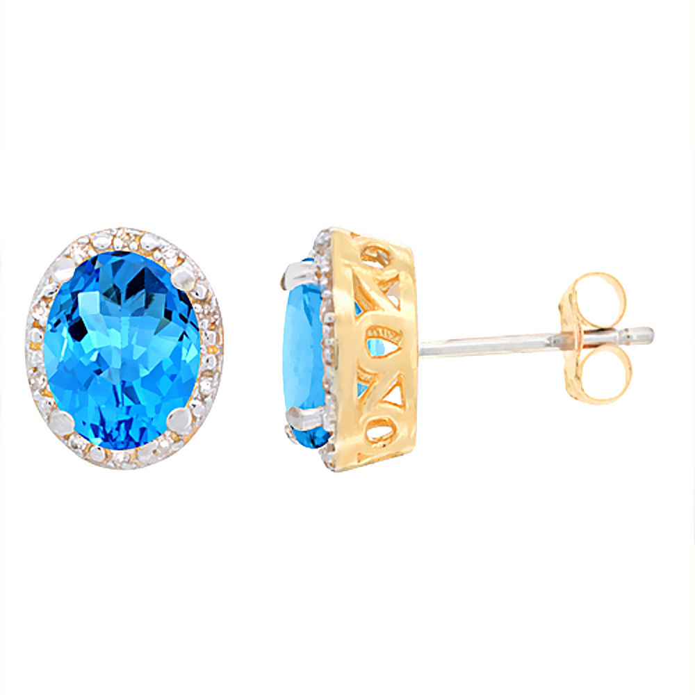 10K Yellow Gold Genuine Swiss Blue Topaz Stud Earrings Diamond Halo Oval 8x6 mm