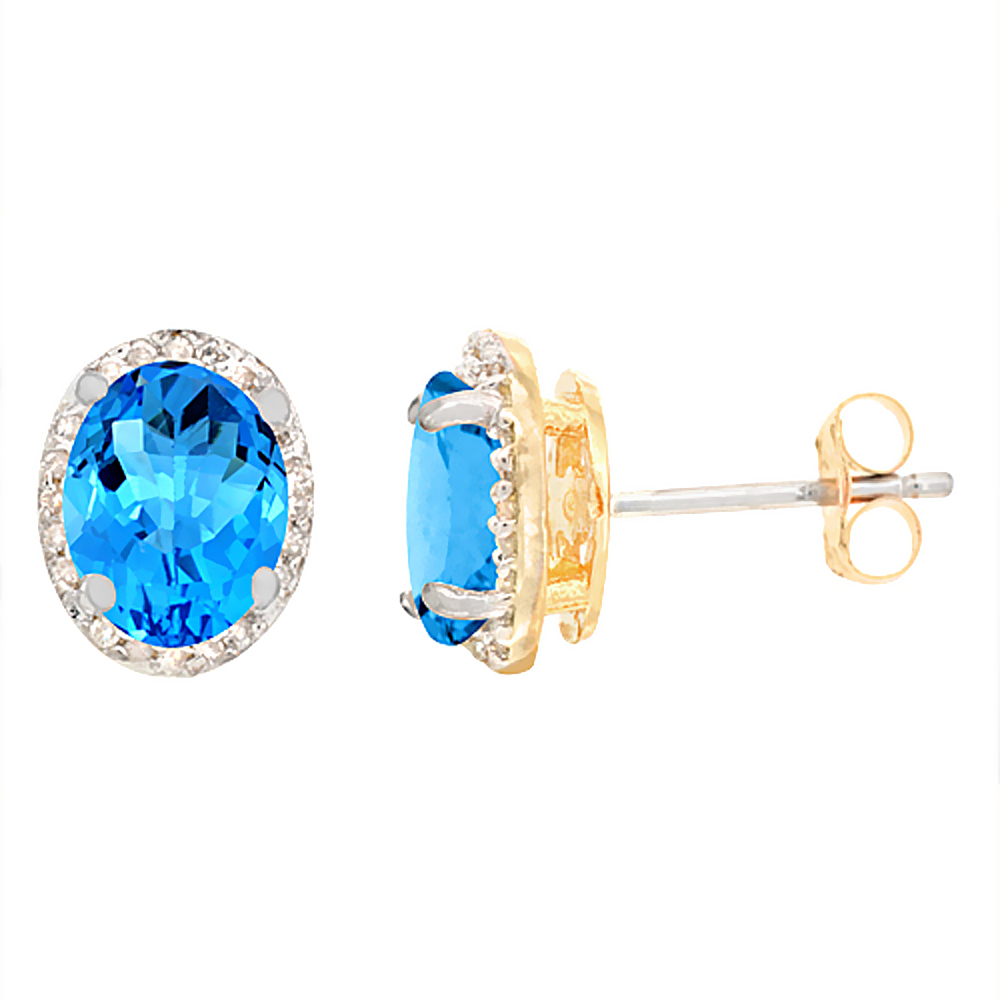 10K Yellow Gold Diamond Natural Swiss Blue Topaz Earrings Oval 7x5 mm