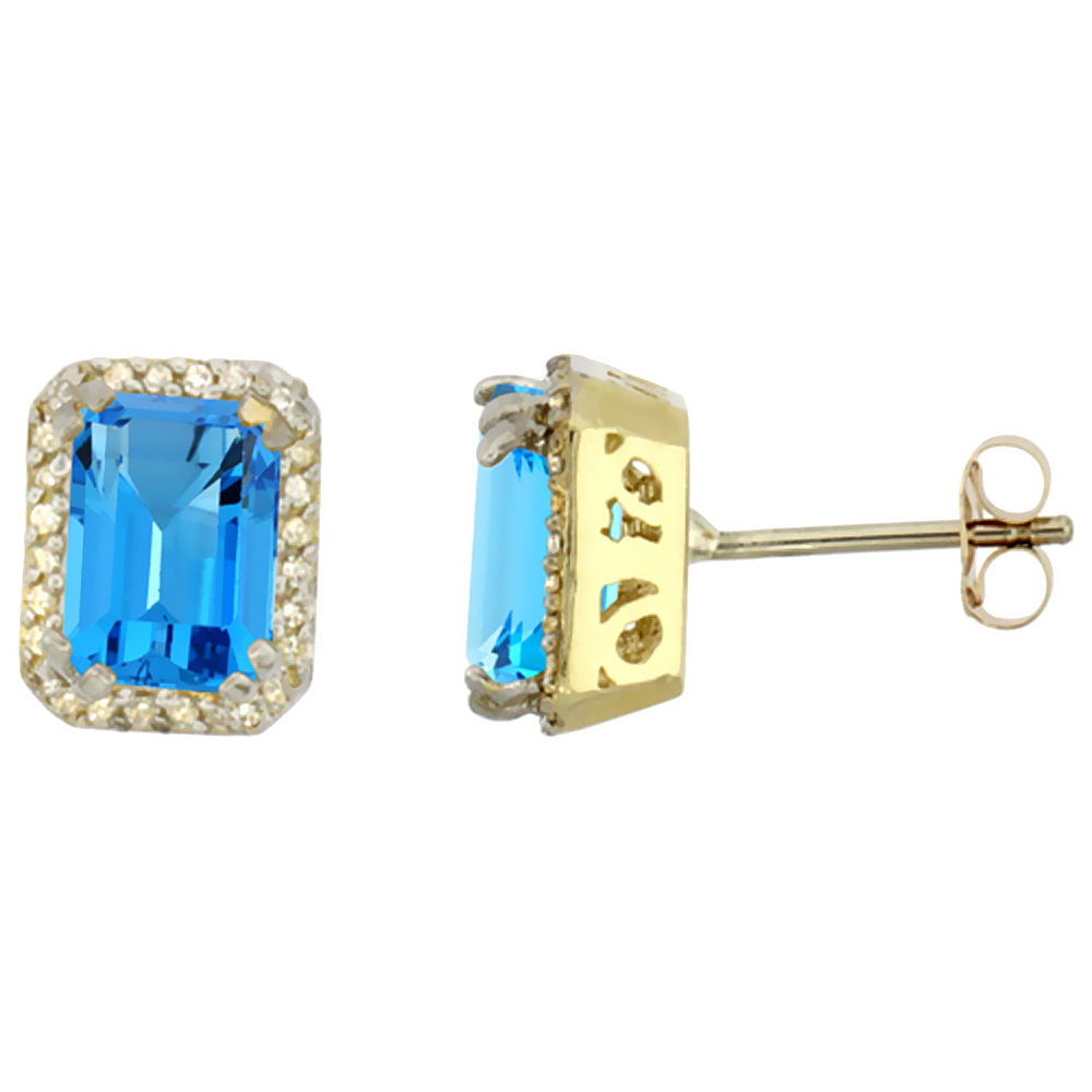 10K YELLOW GOLD DIAMOND NATURAL SWISS BLUE TOPAZ EARRINGS OCTAGON 7X5 MM