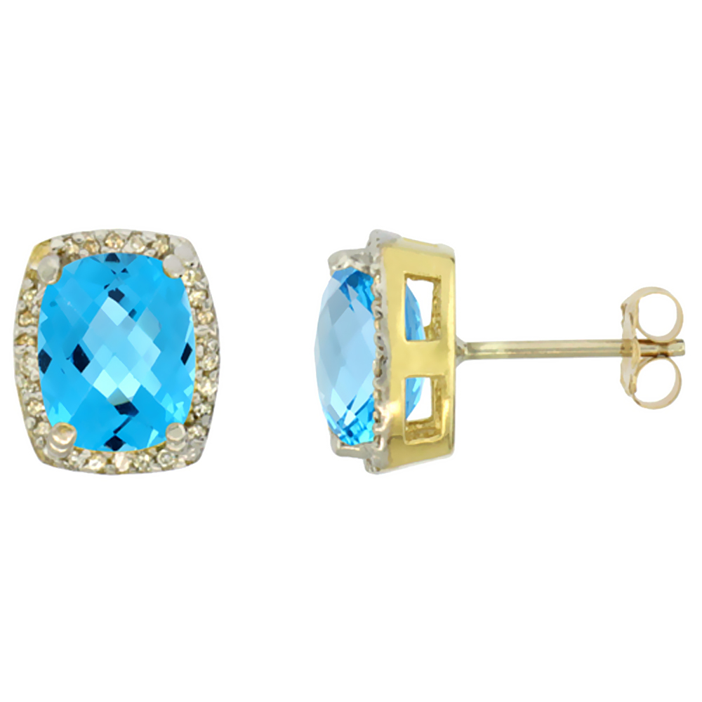 10K Yellow Gold Diamond Natural Swiss Blue Topaz Earrings Octagon Cushion 8x6 mm