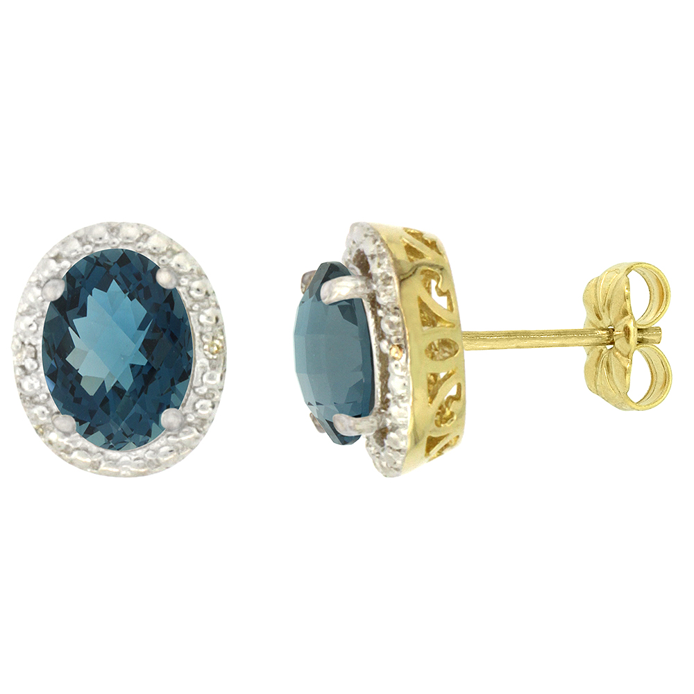 10K YELLOW GOLD 0.01 CTTW DIAMOND NATURAL LONDON BLUE TOPAZ POST EARRINGS OVAL 7X5 MM