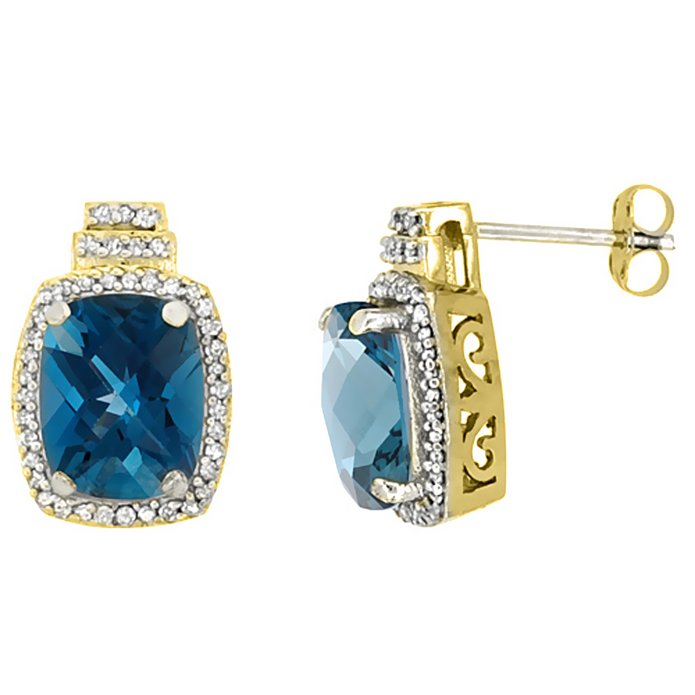 10K Yellow Gold 0.29 cttw Diamond Natural London Blue Topaz Earrings Octagon Cushion 8x6 mm