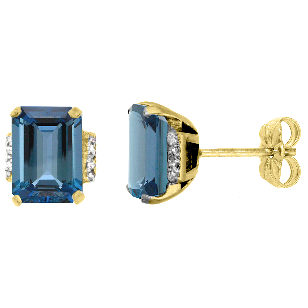 10K YELLOW GOLD 0.02 CTTW DIAMOND NATURAL LONDON BLUE TOPAZ EARRINGS OCTAGON 8X6 MM