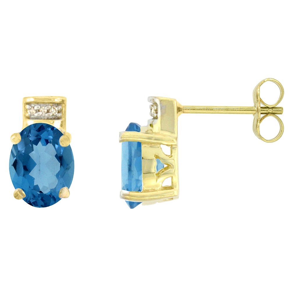 10K YELLOW GOLD DIAMOND NATURAL LONDON BLUE TOPAZ EARRINGS OVAL 8X6 MM