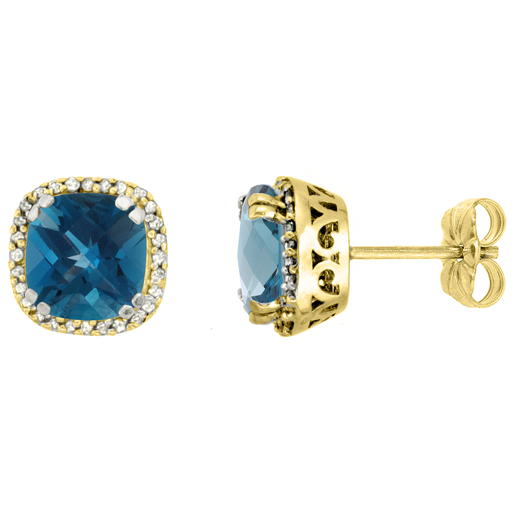10K YELLOW GOLD DIAMOND HALO NATURAL LONDON BLUE TOPAZ STUD EARRINGS CUSHION SHAPED 7X7 MM