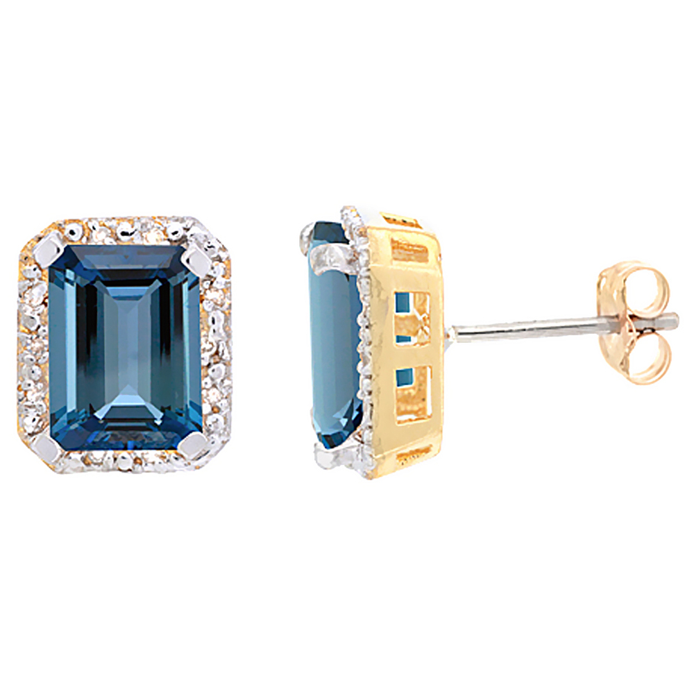 10K Yellow Gold Diamond Natural London Blue Topaz Earrings Octagon 8x6 mm