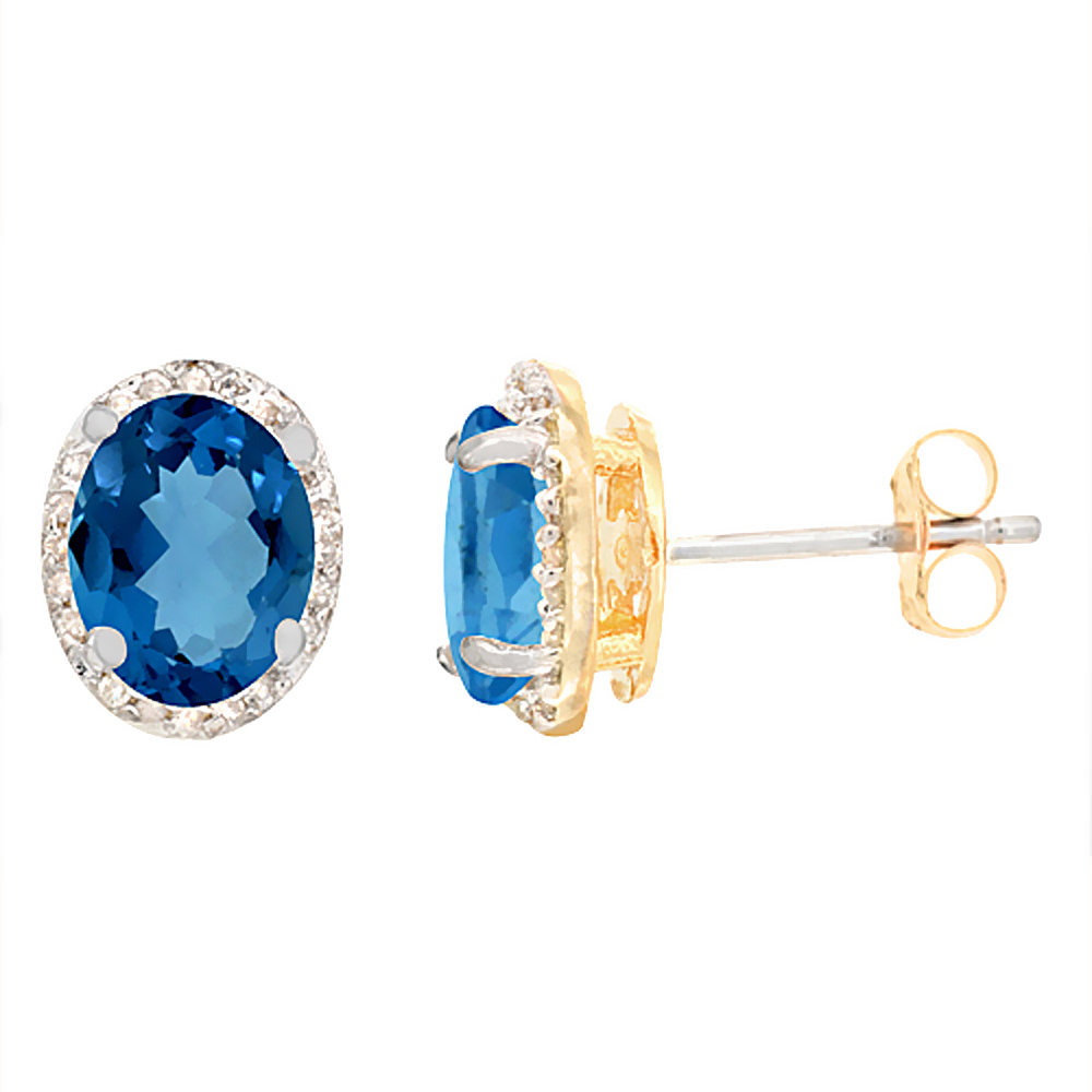10K YELLOW GOLD DIAMOND NATURAL LONDON BLUE TOPAZ EARRINGS OVAL 7X5 MM