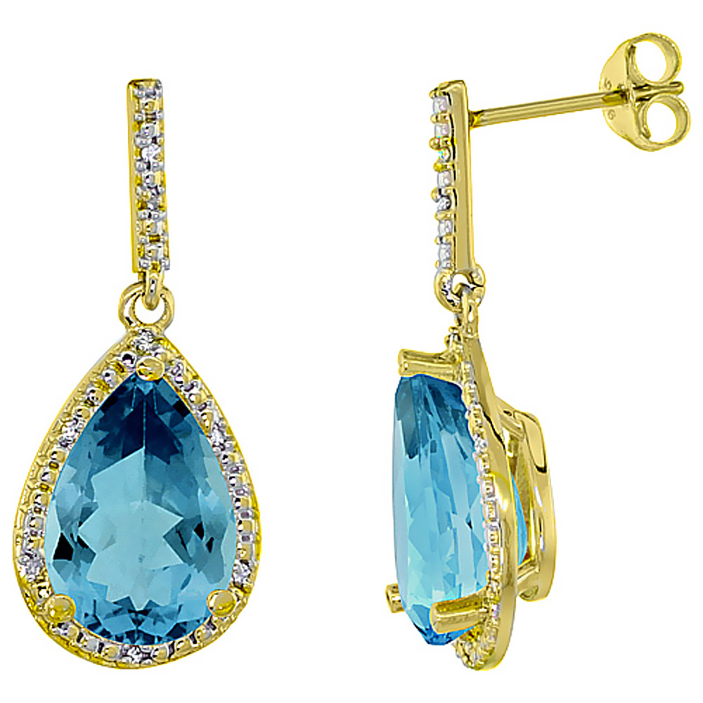 10K Yellow Gold Diamond Halo Natural London Blue Topaz Dangle Earrings Pear Shaped 12x8 mm