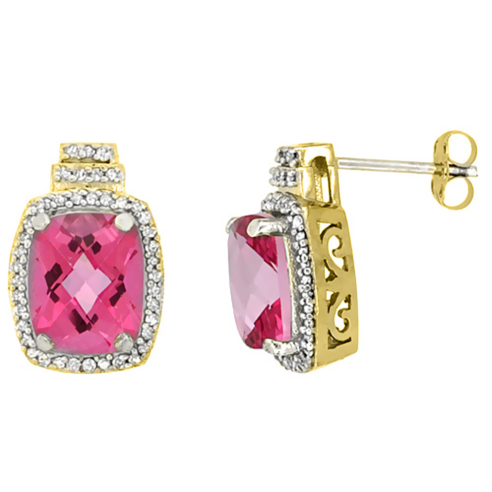 10K Yellow Gold 0.29 cttw Diamond Natural Pink Topaz Earrings Octagon Cushion 8x6 mm