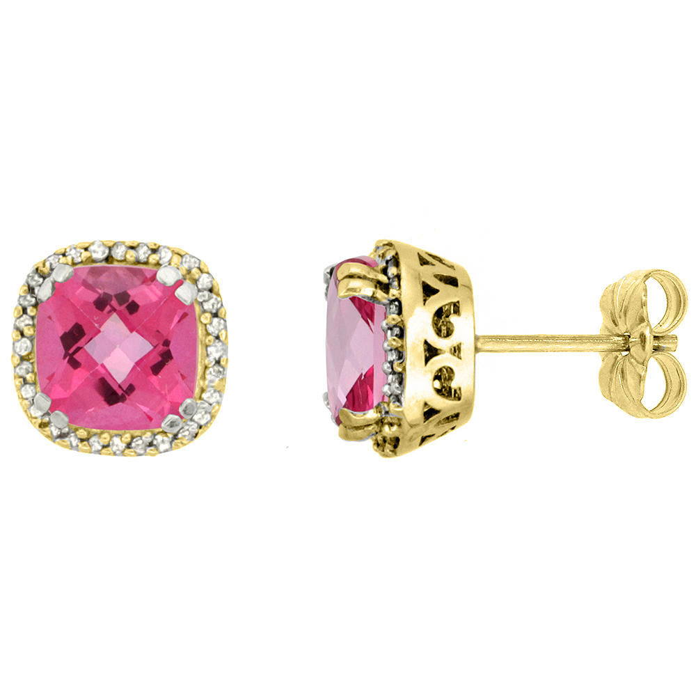 10K YELLOW GOLD DIAMOND HALO NATURAL PINK TOPAZ STUD EARRINGS CUSHION SHAPED 7X7 MM